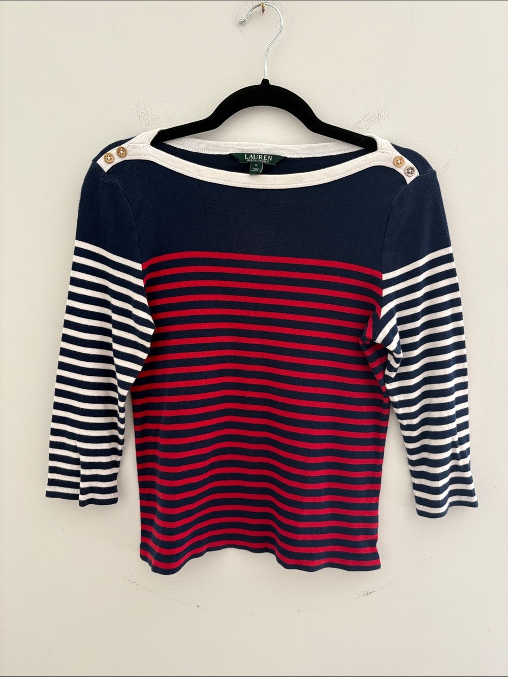 Lauren Ralph Lauren Navy, Red & White Striped Boatneck Sweater -Size M
